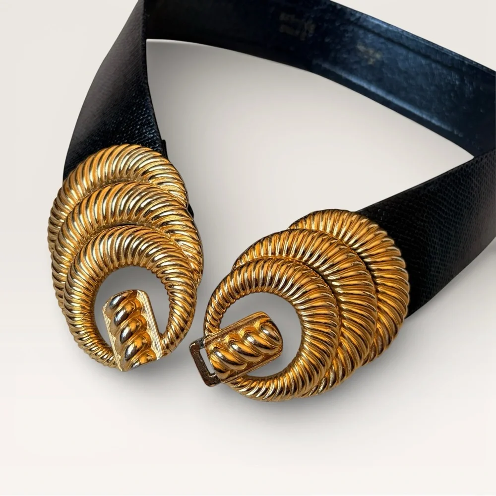 Vintage 90s Accessocraft Gold Belt Buckle w/ Black Snakeskin Leather Belt 29” - Picture 4 of 12